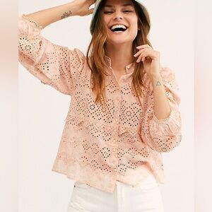 LoveShackFancy Lola Peach Ditsy Floral Lace Eyelet Blouson Sleeve Blouse SMALL
